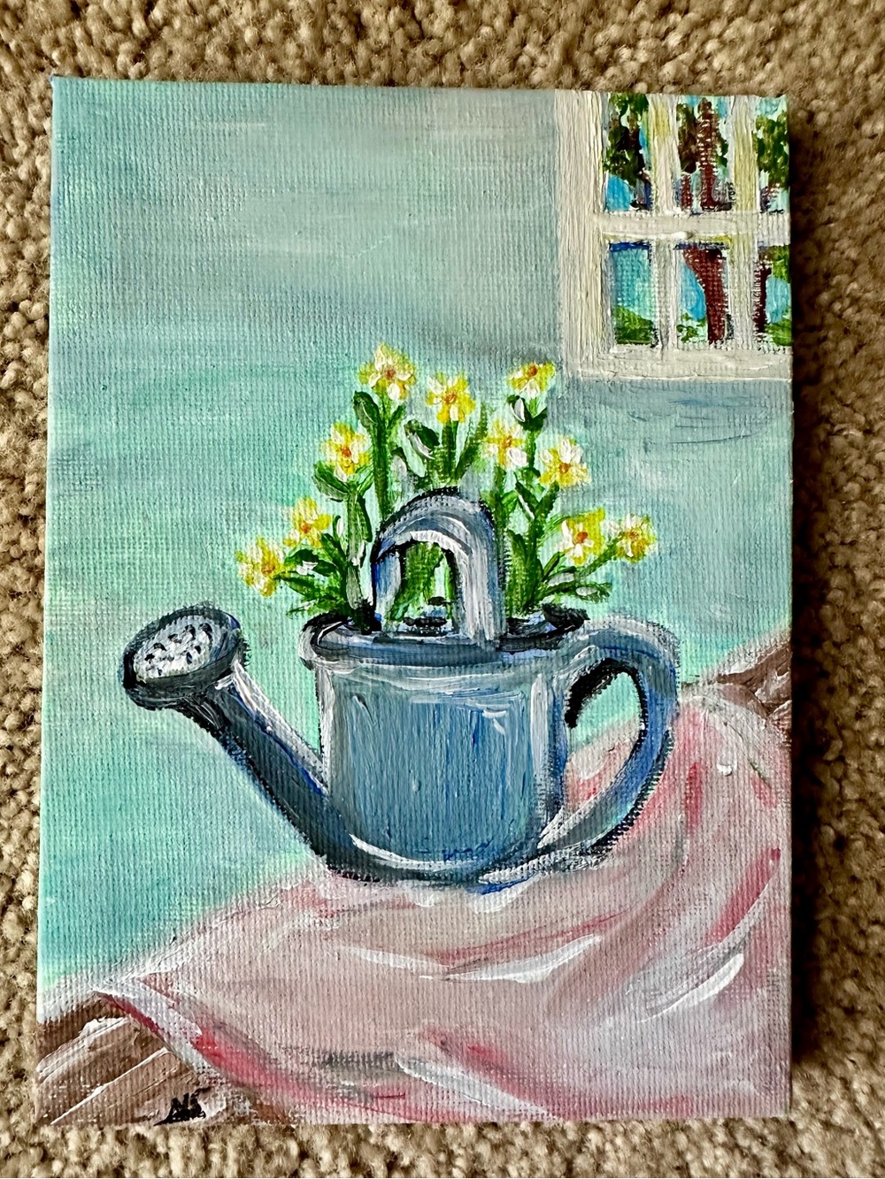 Hand-Painted Blue Watering Can Wall Art with Yellow Flowers